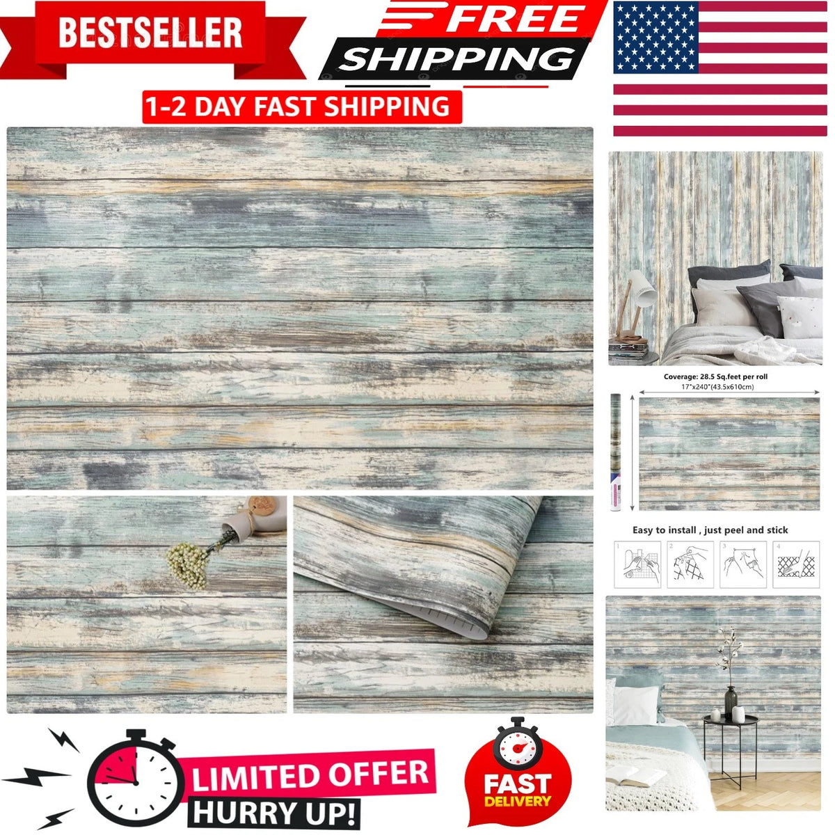 Removable Blue Rustic Wood Plank Wallpaper 17''x240''