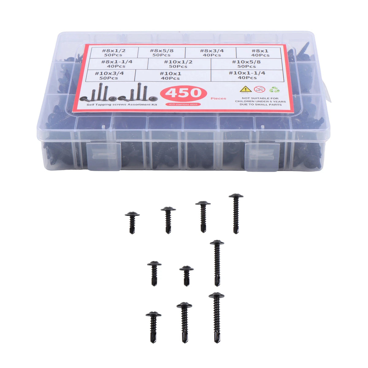 Set of 450 Self-Tapping Screws #8 #10 Hex Head 1/2" to 1-1/4"
