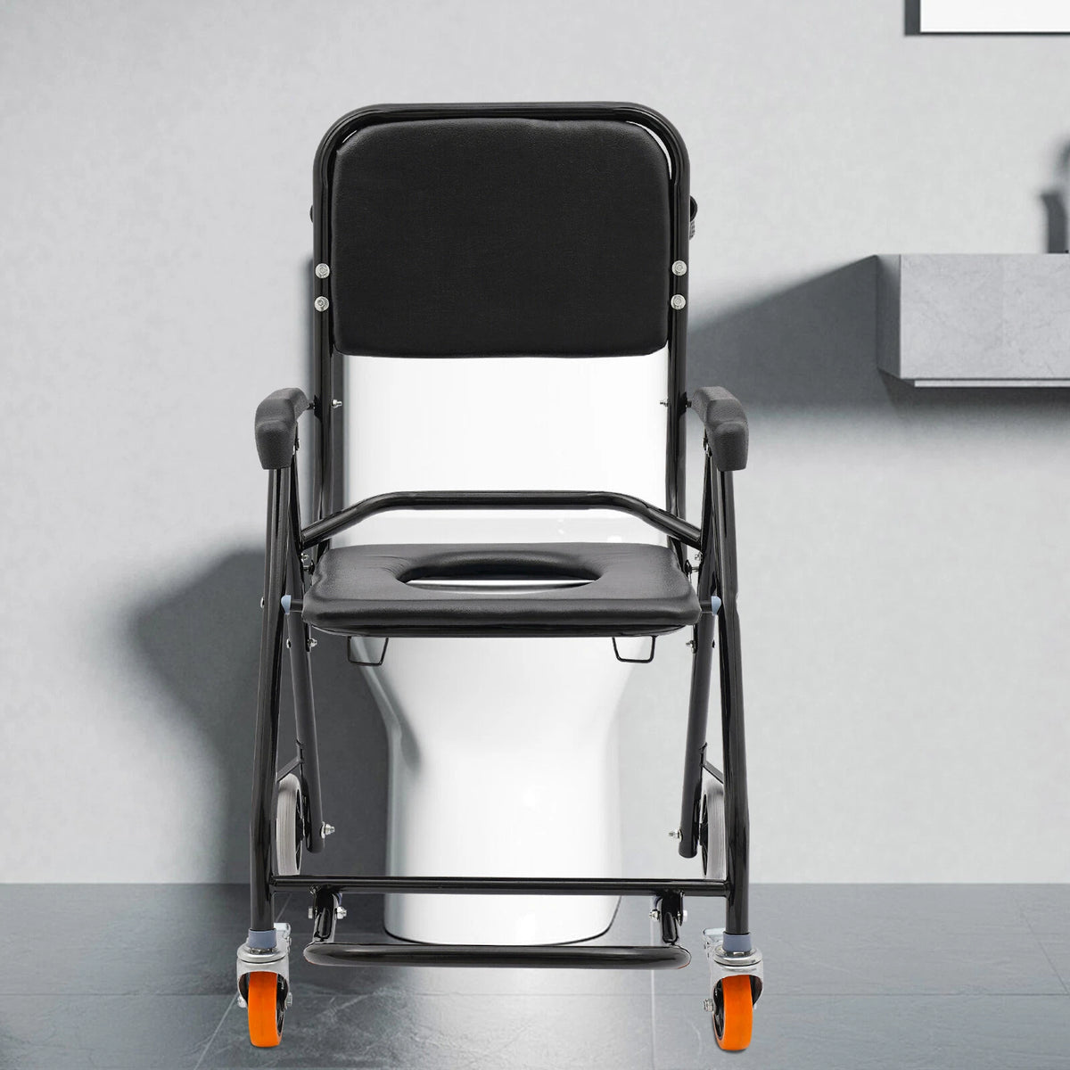 4-in-1 Toilet Rolling Transport Chair for Universal Use (Foldable, With Wheels)