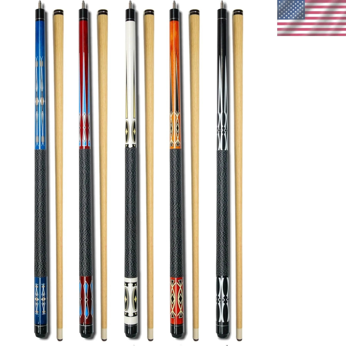 58-Inch Pool Cues Set of 5 - Durable Maple with 13mm Tips