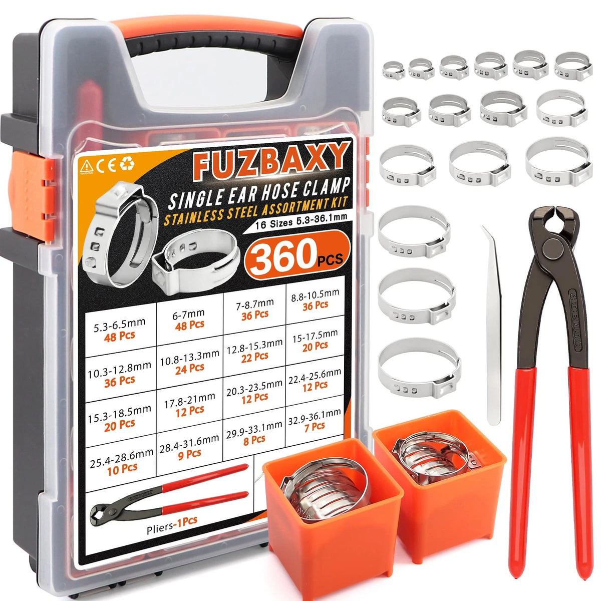 360PCS Hose Clamp Kit with Crimping Pliers for Universal Use (5.3-36.1mm)