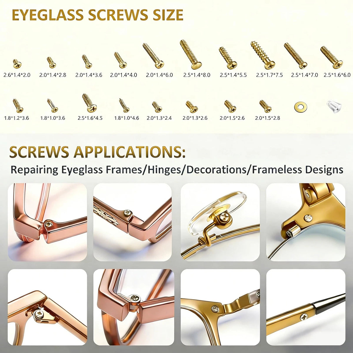 Eyeglass Repair Kit with 18 Sizes Gold-Plated Screws for Various Styles