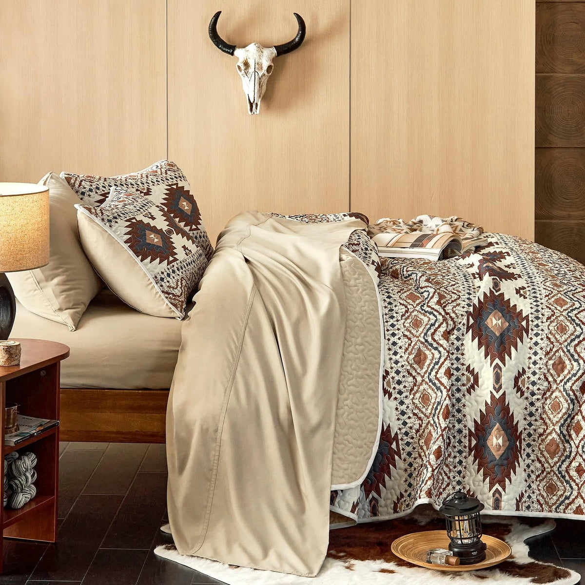 Set of 4 Southwestern Aztec Quilts for King Size Bed (Beige Brown)