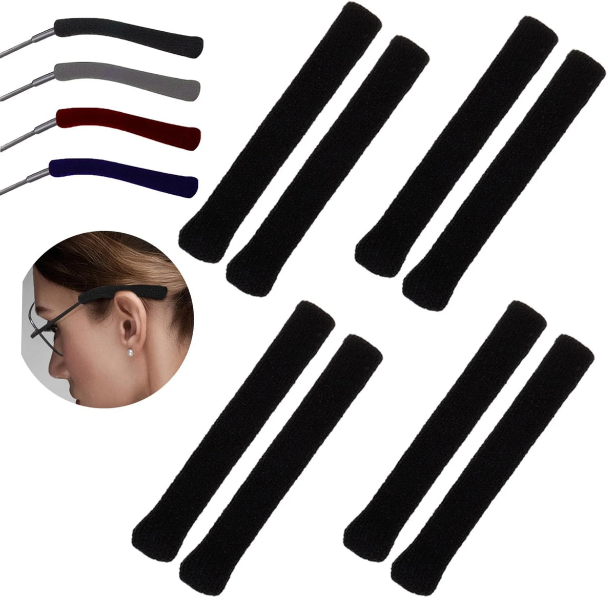 Cotton Eyeglass Ear Cushions 4 Pairs Anti Slip Grips Sleeves Black
