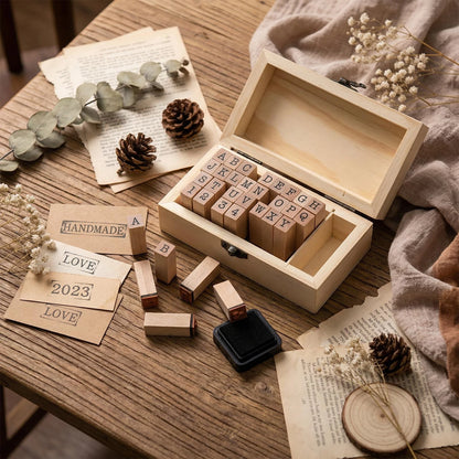 36 Pcs Vintage Wooden Rubber Alphabet Number Stamps with Storage Box