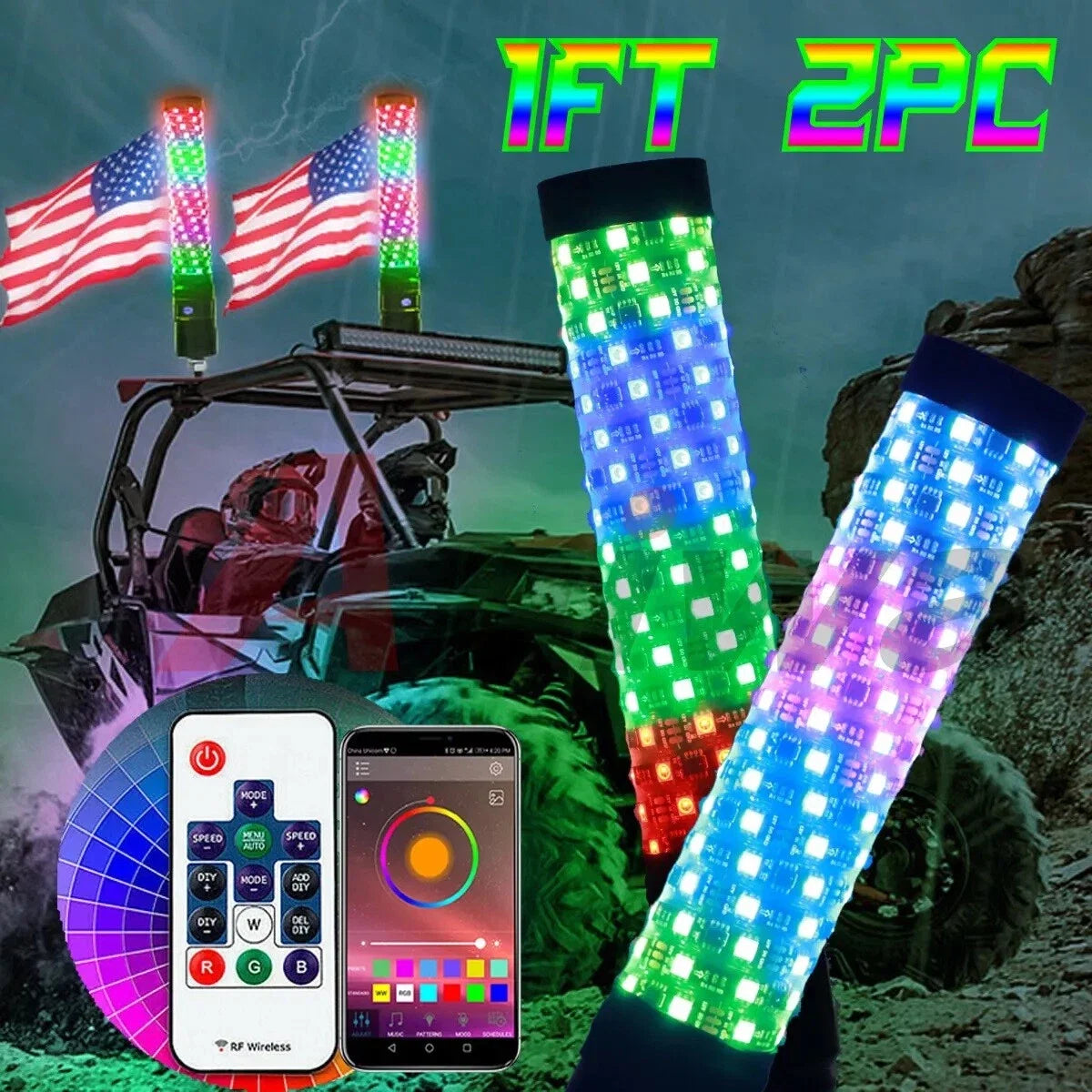 1FT Spiral LED Fat Whip Lights for Can-Am Polaris RZR (2010–2023)