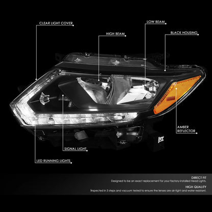 LED Headlight Lamps for Nissan Rogue (2014–2016) - Black Housing, Amber DRL