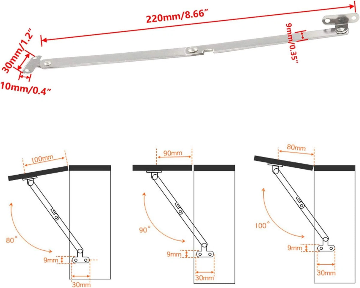 Pack of 6 Folding Support Hinges for Furniture Lid Stay