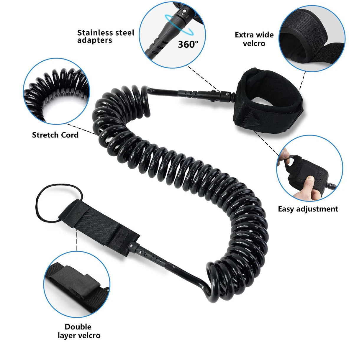 10ft Coiled SUP Leash for Surfboard (General) - Black