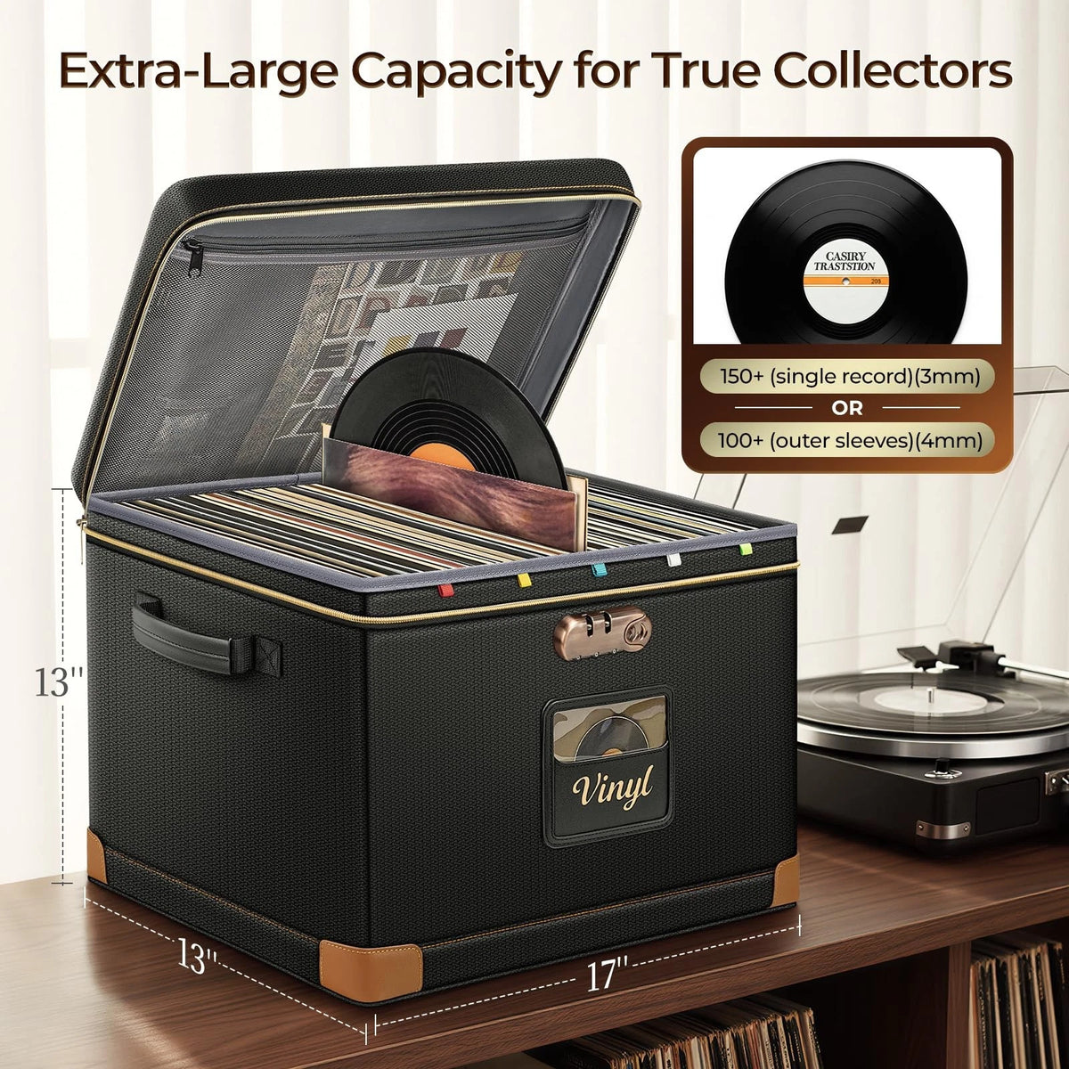 Vinyl Record Storage Box with Lock for (17 x 13 x 13 inches)