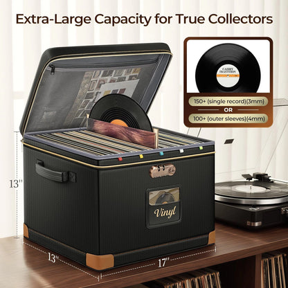 Vinyl Record Storage Box with Lock for (17 x 13 x 13 inches)