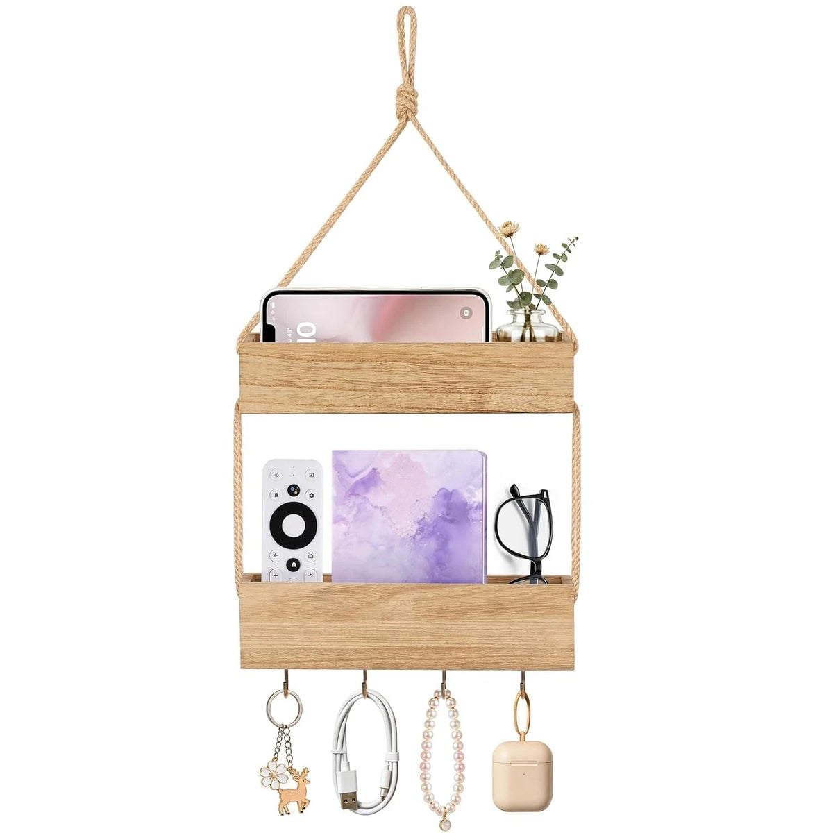 Macrame Wall Shelf Organizer with Hooks for Home Decor