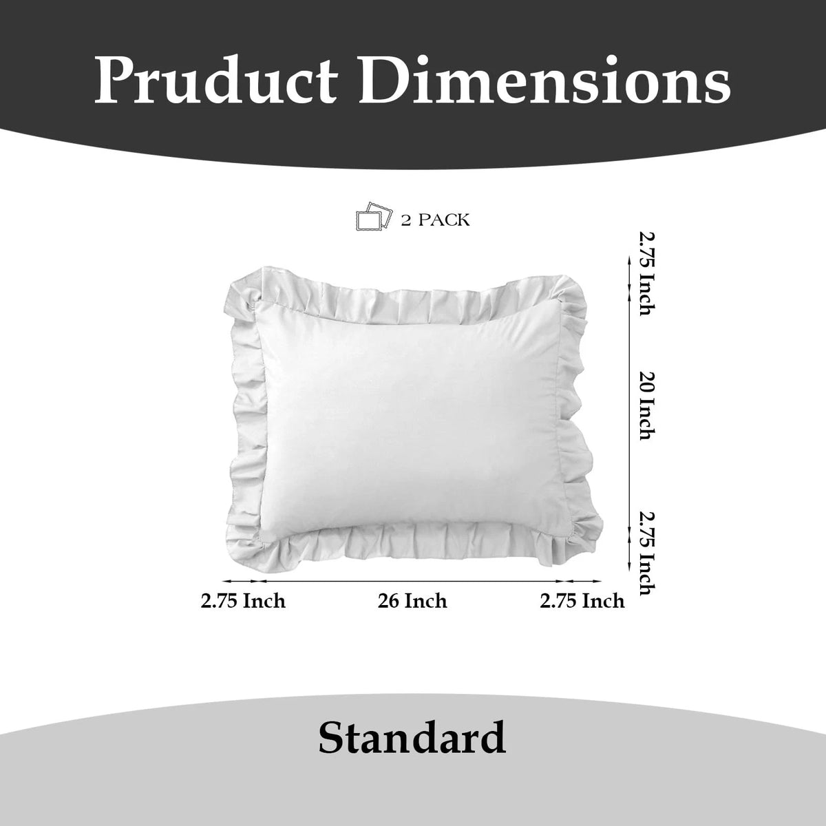 Set of 2 Ruffle Pillow Cases for Standard Size (Soft, White)