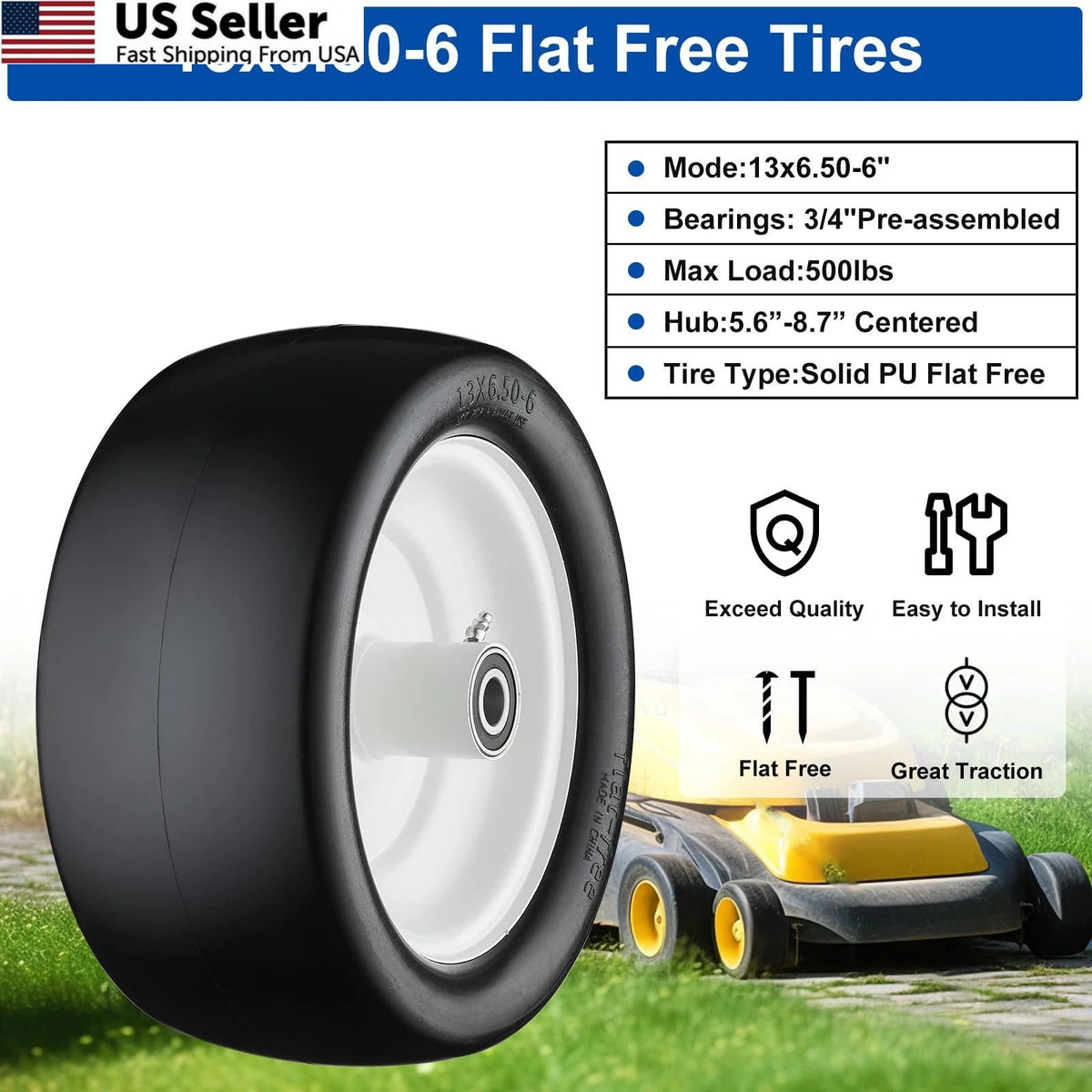 Set of 2 Flat Free Lawn Mower Tires 13x6.50-6