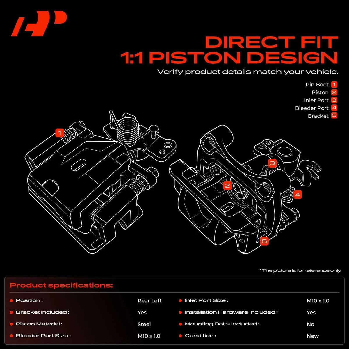 Rear Driver Side Brake Caliper for Hyundai Elantra Tiburon (2005–2006) 583102CA20, 583102CA31, 582102F300, 19-B3302