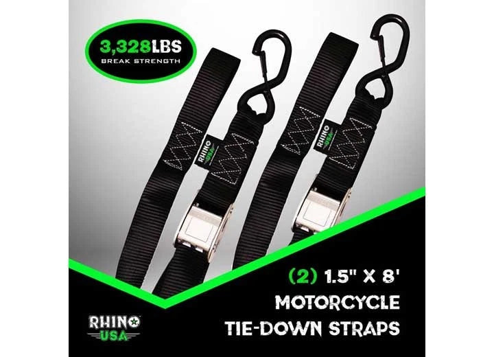 2X Cambuckle Motorcycle Tie-Down Straps for Rhino USA (1.5"x8')