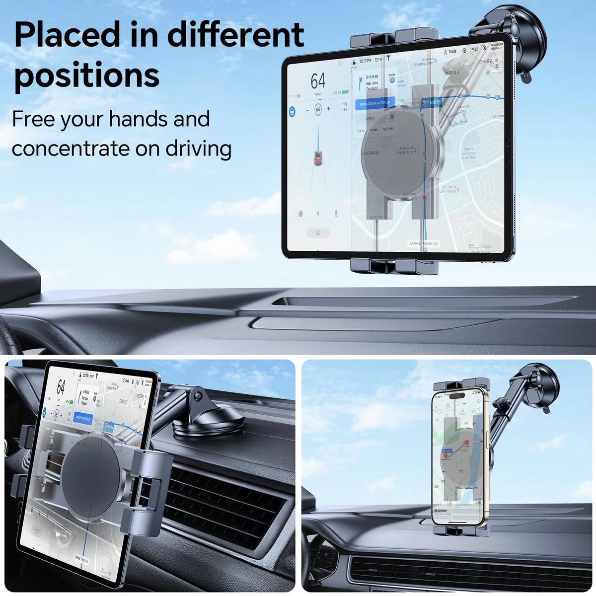 Tablet Holder for Car iPad (Windshield + Dash) Suction Cup Black