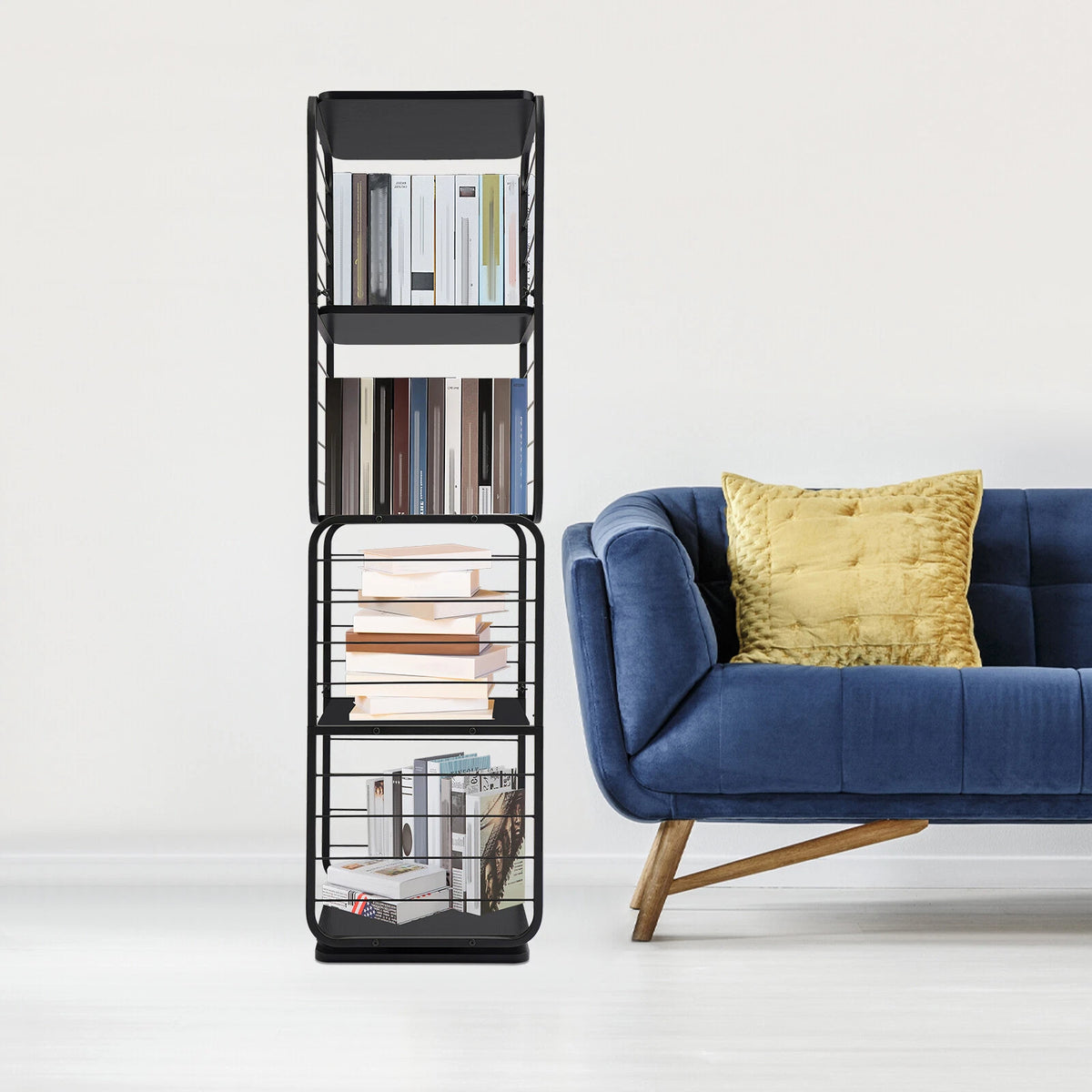 4 Tier Rotating Bookshelf Display Rack - Black Square Shelf