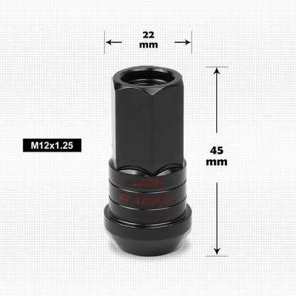 Set of 20 M12X1.25 Black JDM Open End Lug Nuts with Spline Locks and Key