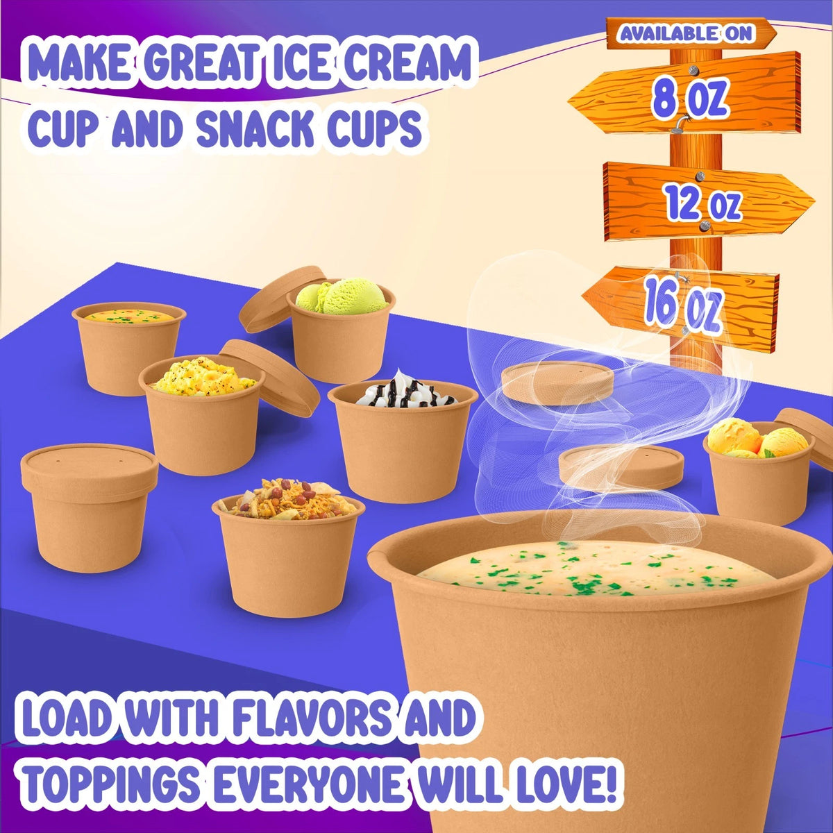 Set of 250 Disposable Brown Paper Soup Cups with Lids 8 oz