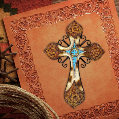 Rustic Cowhide Faux Tooled Leather Wall Cross with Turquoise Center
