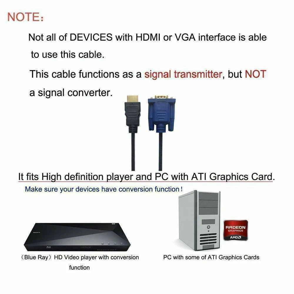 HDMI to VGA Video Converter Adapter Cable for PC DVD 1080P 6FT