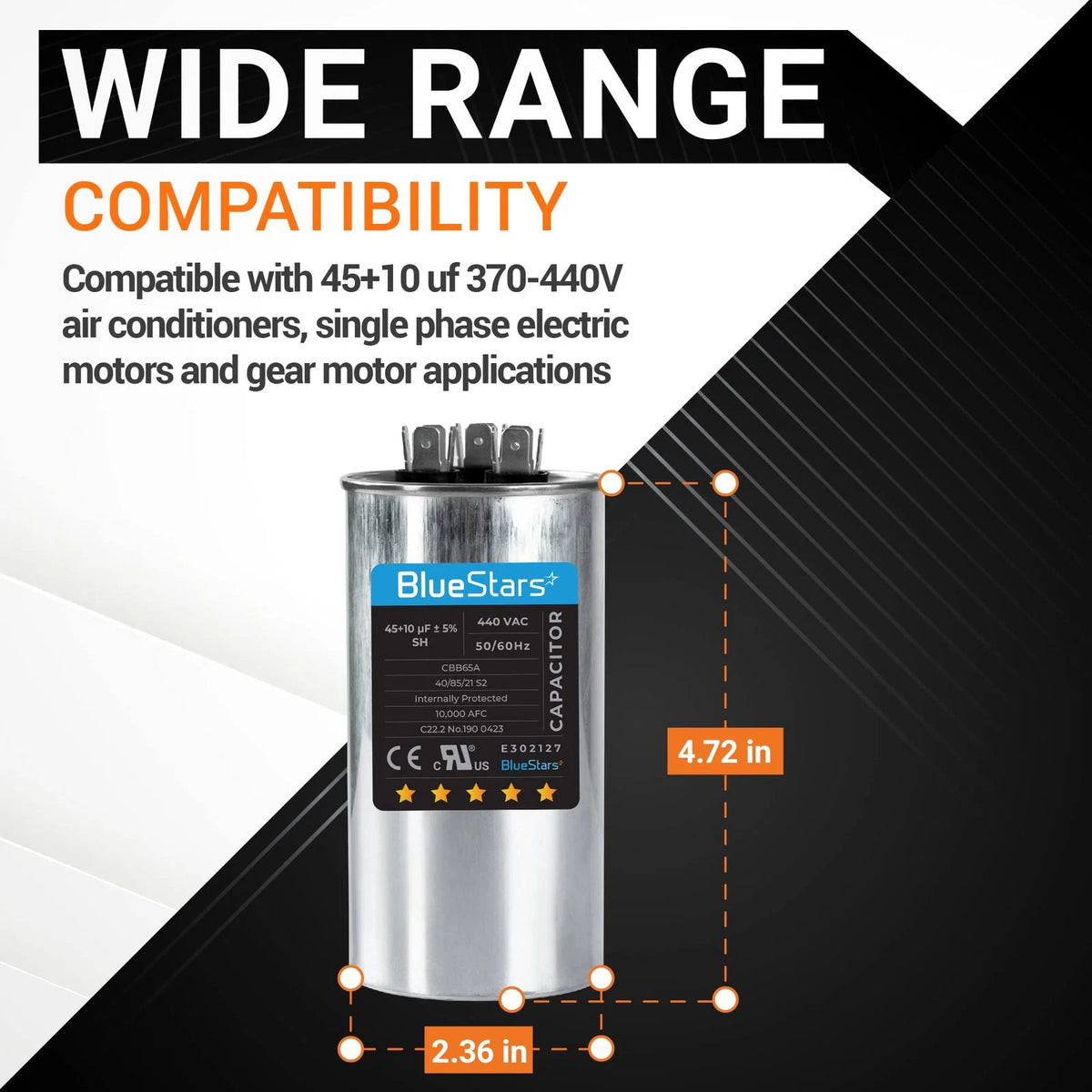 45+10 uF Dual Run Capacitor for AC Units (370V/440V)