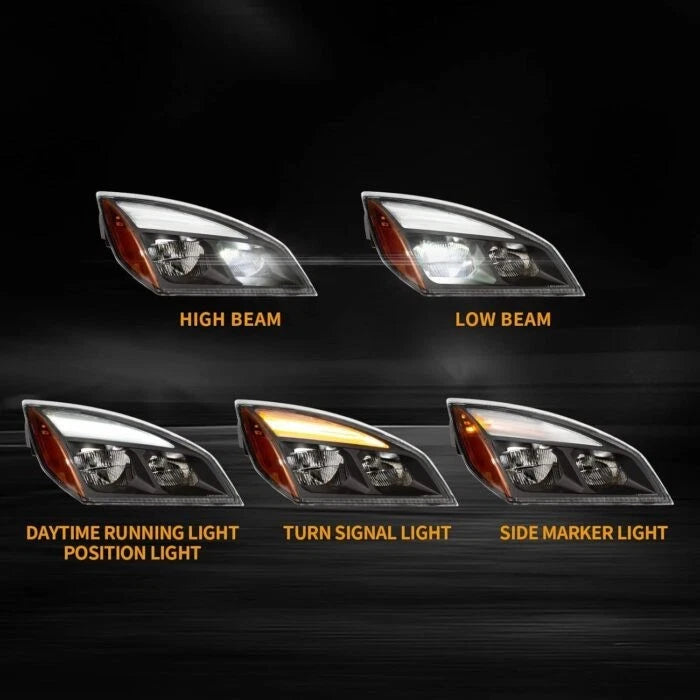 Black Reflective LED Headlamp for Cascadia (2018–Present) AGO01-110048BK RH, A6601405002, A6601405003