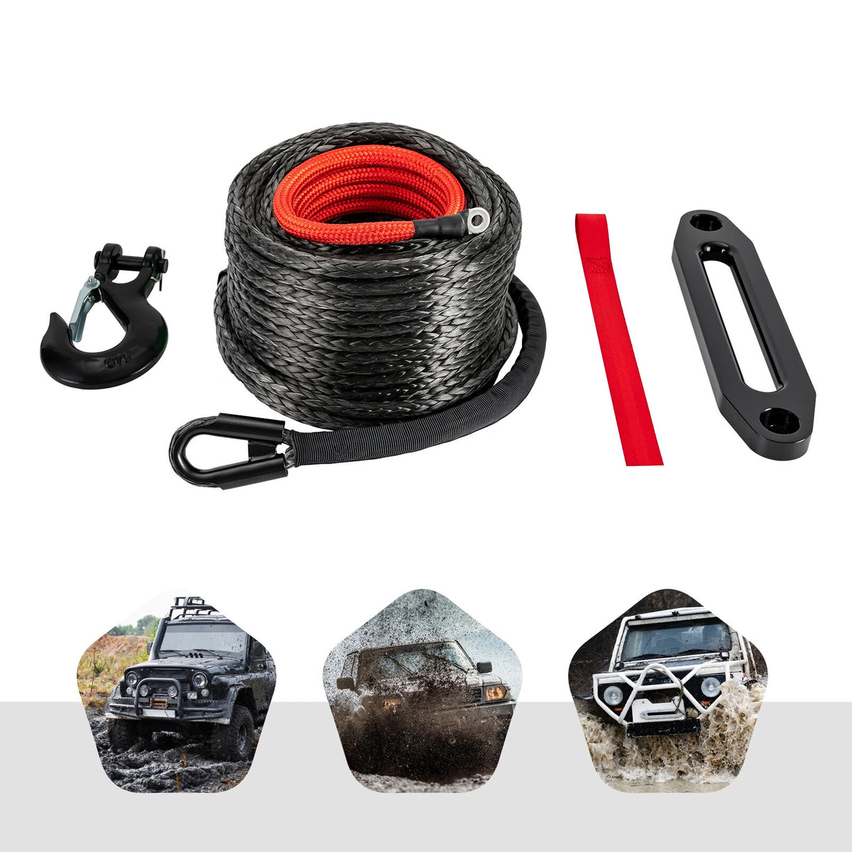 Synthetic Winch Line Cable Rope 1/2"x92ft with Sleeve + Hook for ATV UTV