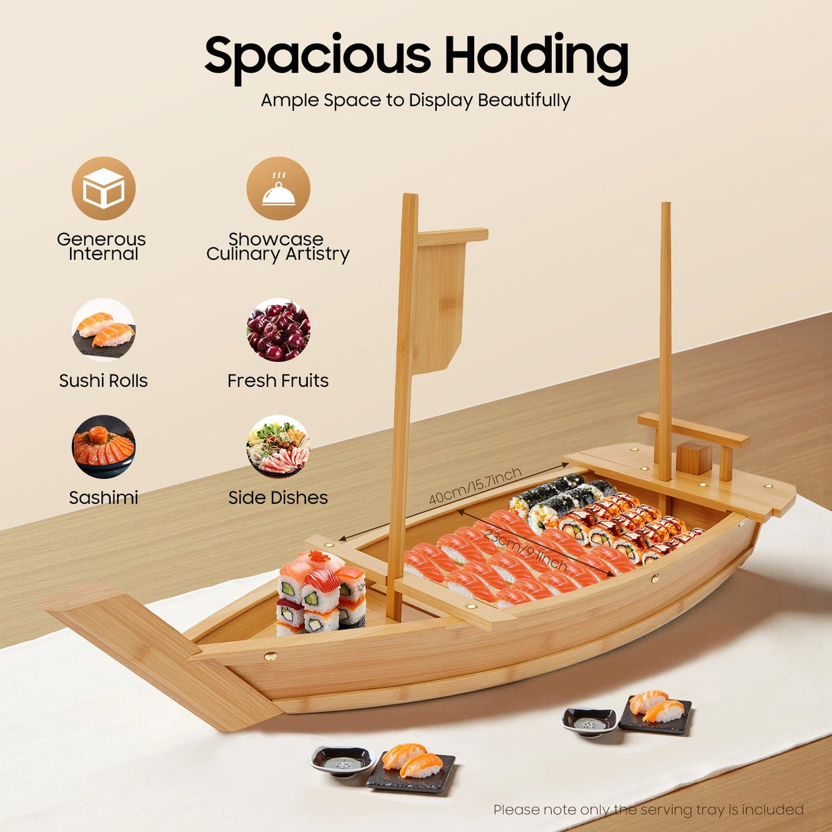 Sushi Serving Tray Boat Shape Wooden Bamboo Platter for Nautical Decor