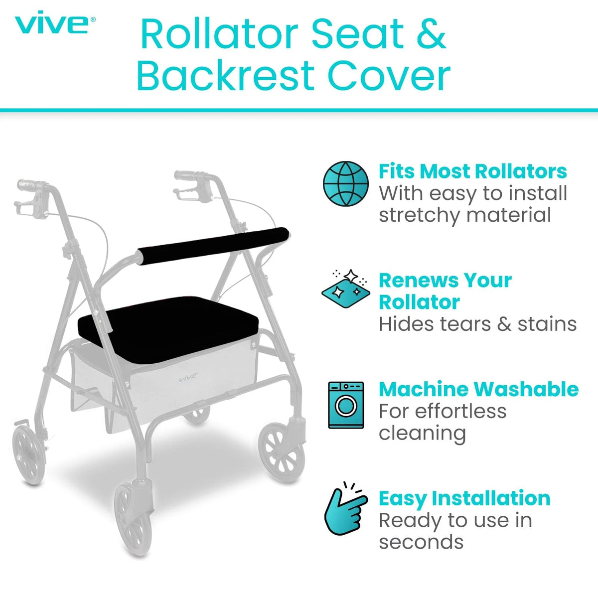Seat and Backrest Covers for Vive Rollator Walker - Removable, Washable Black