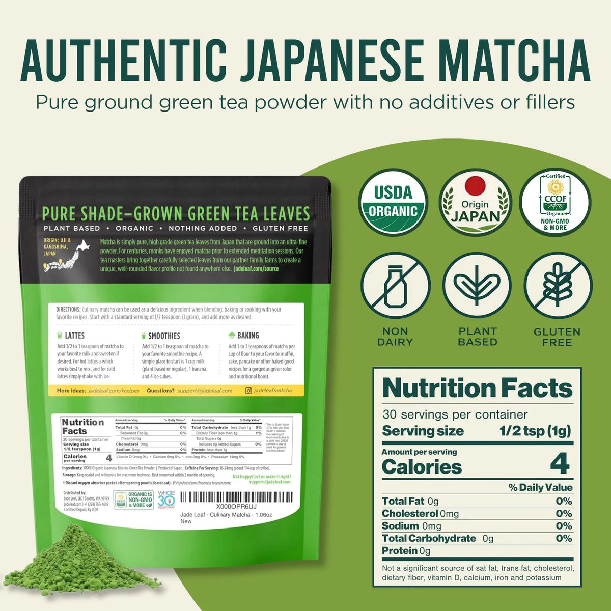 Matcha Organic Culinary Grade Powder for Jade Leaf (1.06 oz)