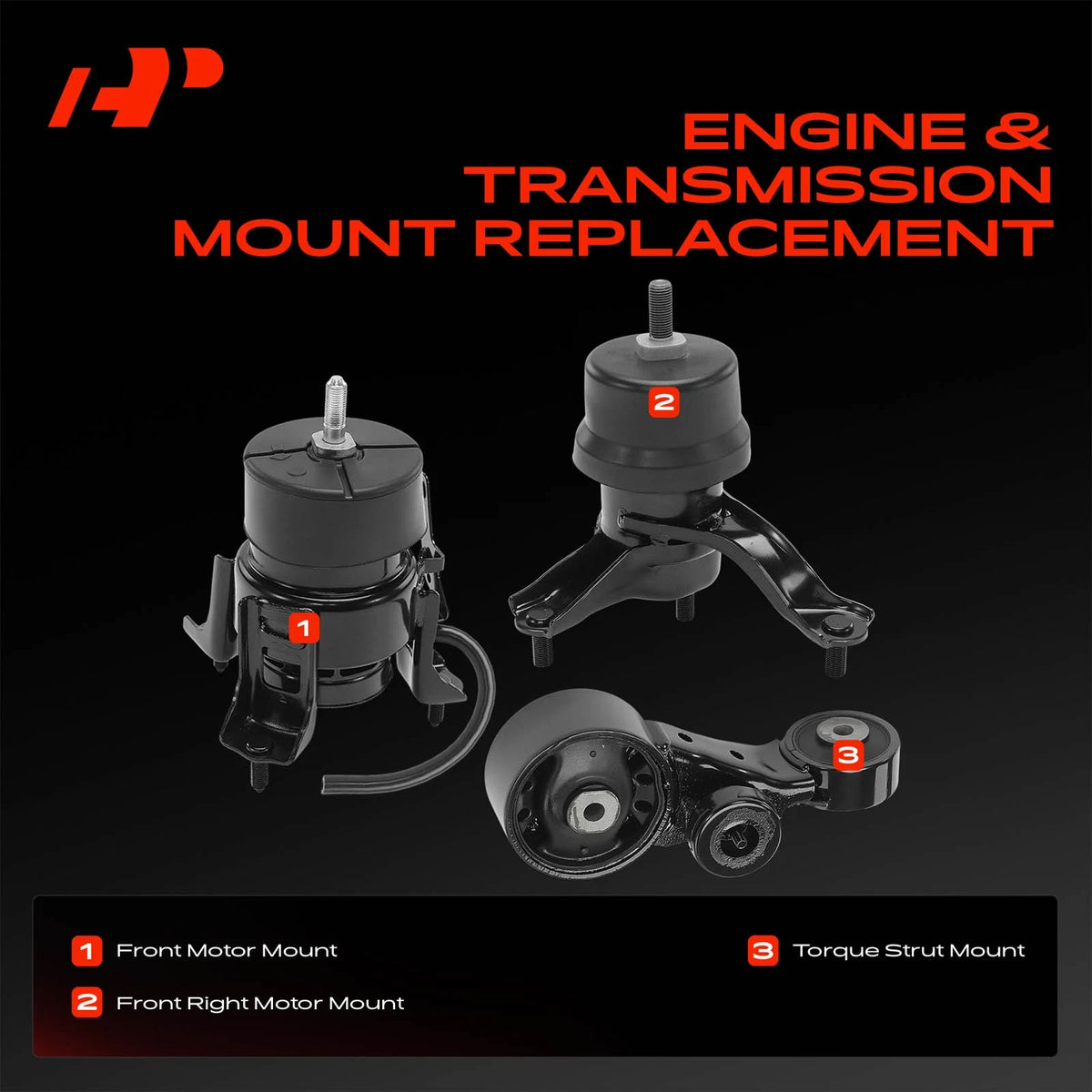 3X Engine Motor & Torque Strut Mount for Toyota Sienna (2007–2010) 123600P050, 123620P010, 123630P050