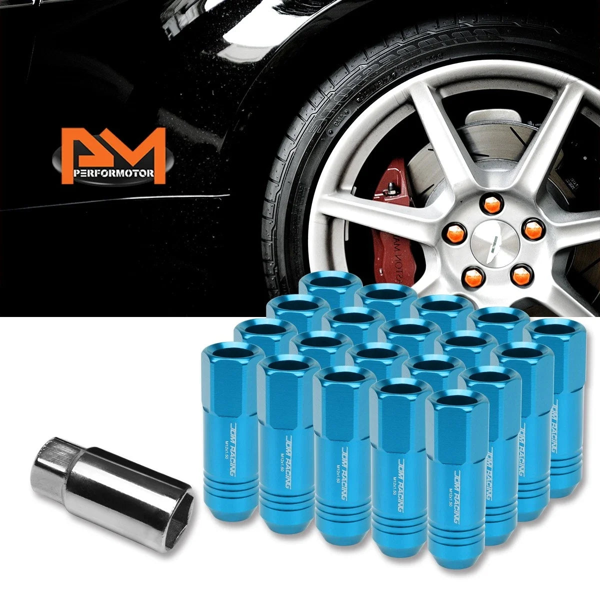 20Pc M12X1.5 Sky Blue JDM Open End Conical Wheel Lug Nuts + Extension 20mm