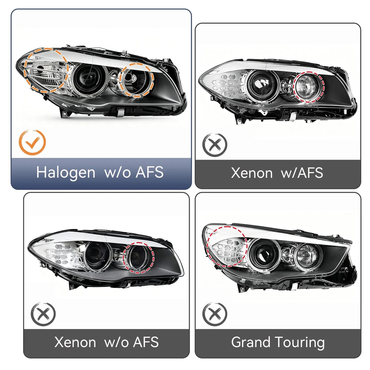 Halogen Headlight for BMW 5 Series F10 (2011–2013) Right Side, w/o AFS