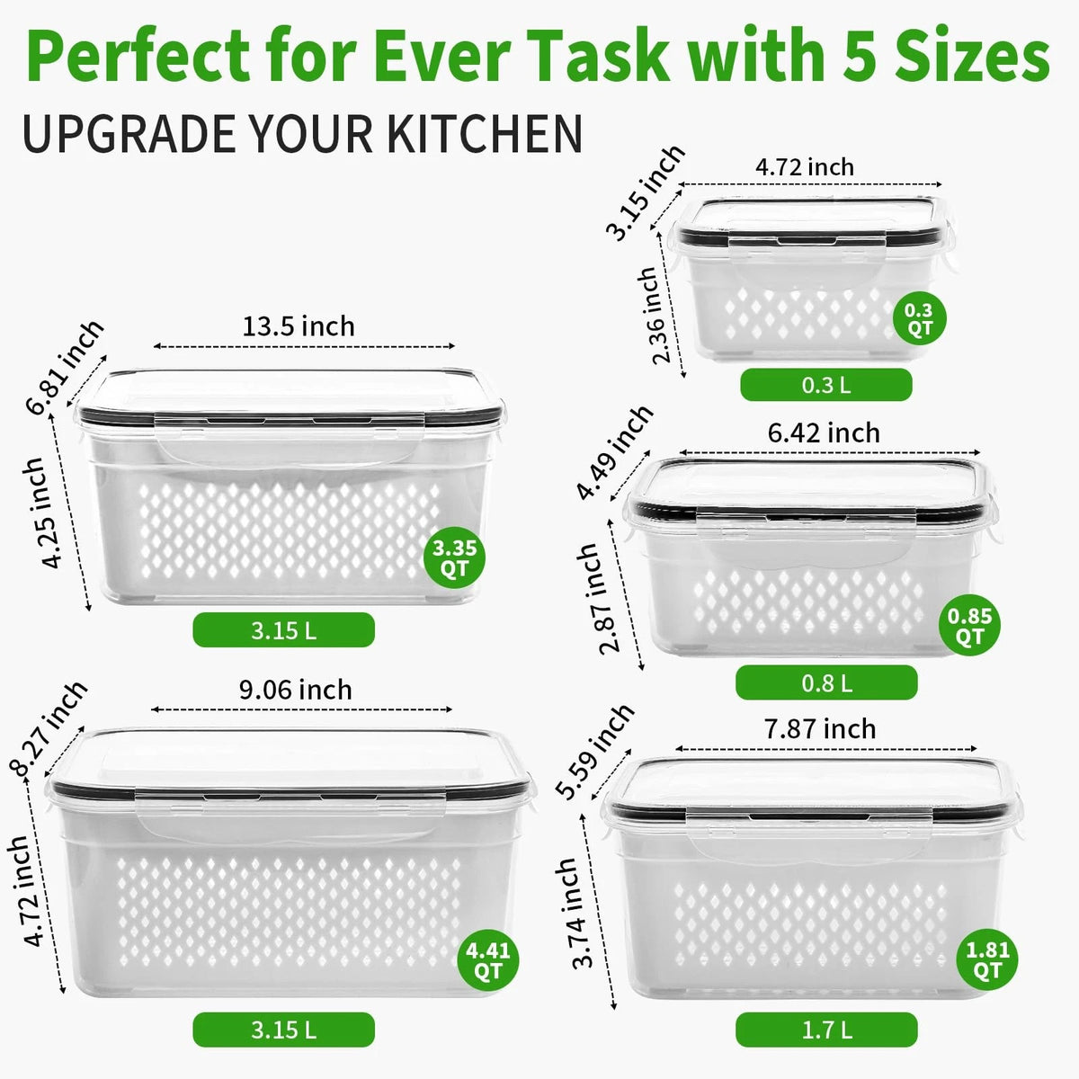 5 Pack Produce Containers for Fridge Storage Organizer