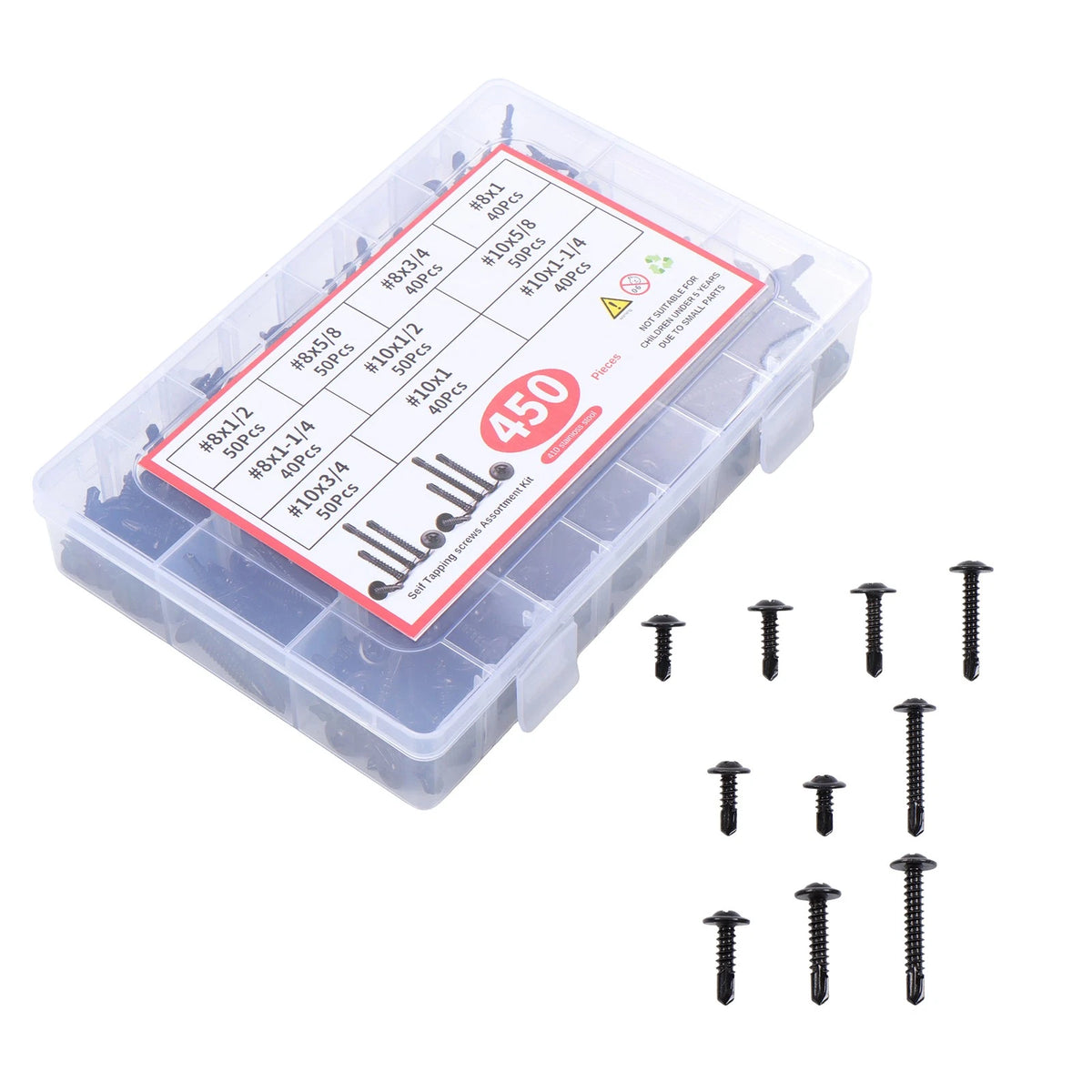 Set of 450 Self-Tapping Screws #8 #10 Hex Head 1/2" to 1-1/4"