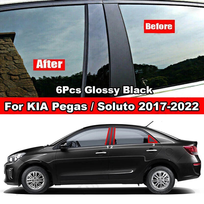Set of 6 Black Exterior Pillar Post Stickers for Kia Pegas/Soluto (2017–2022)