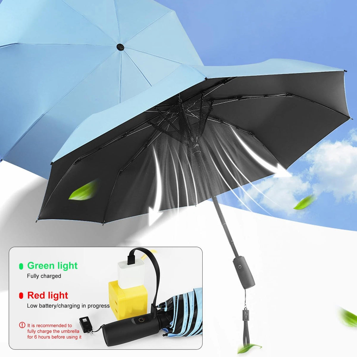 Portable Sun and Rain Umbrella with Cooling Fan, UPF 50+ Protection