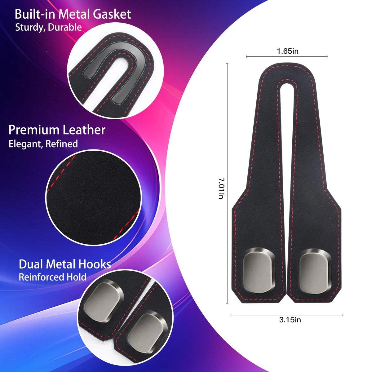 2Pcs Car Headrest Hooks for Universal Fit - Stylish Black Leather