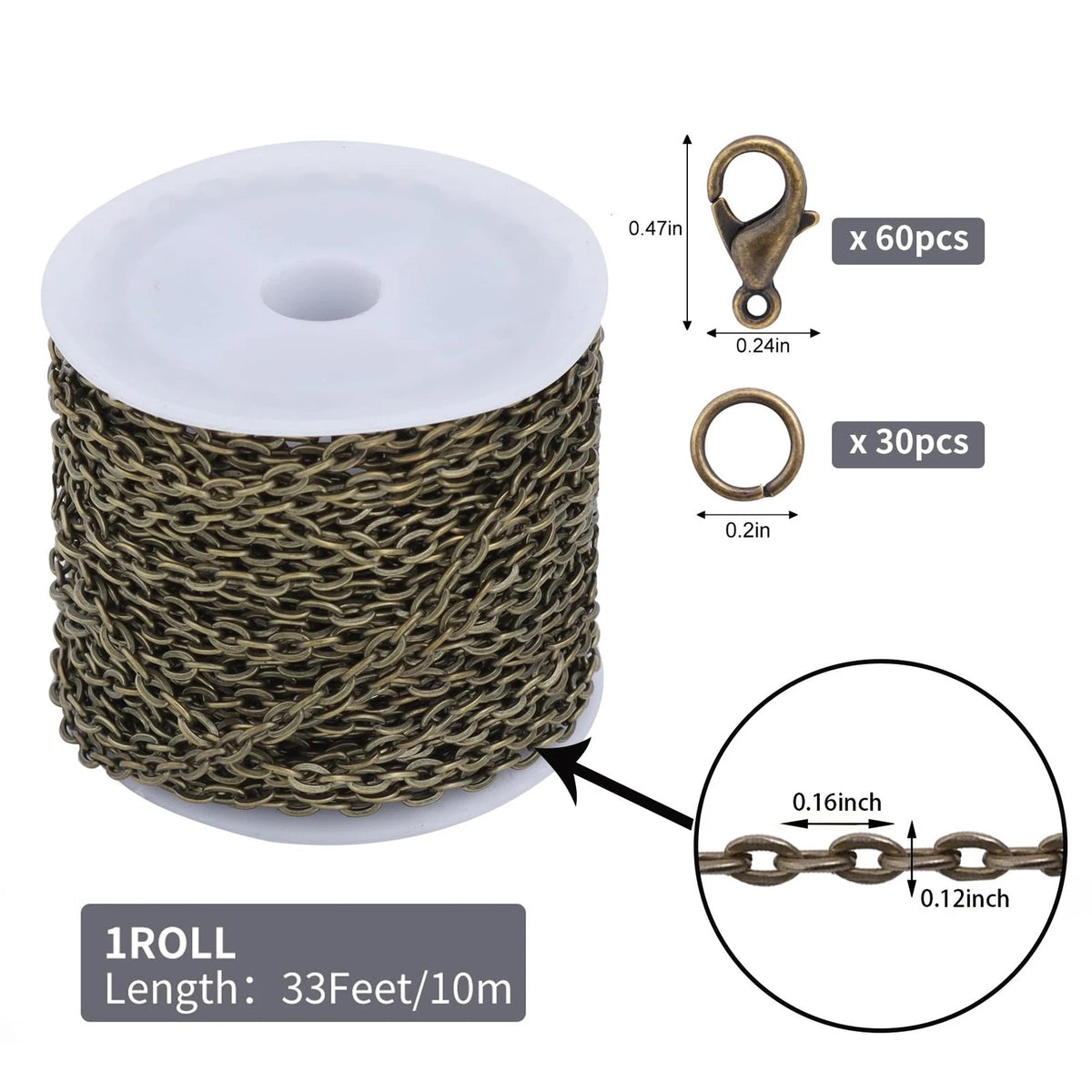 33 Feet Metal Bronze Necklace Chain O-Shaped Links