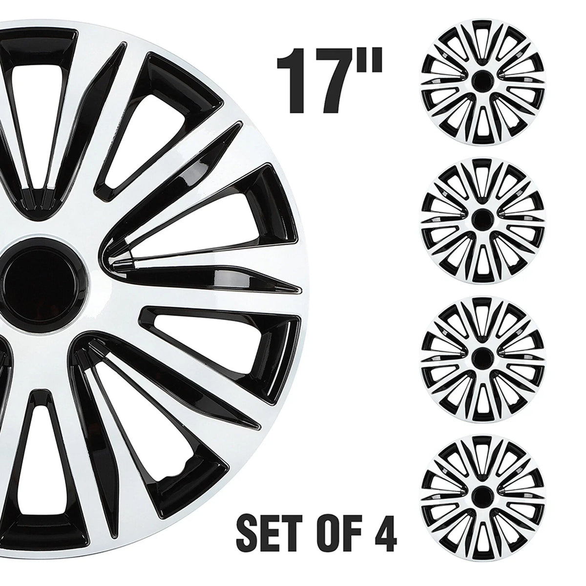 Set of 4 Wheel Hub Caps for R17 Tire & Rim - Snap On Black & White