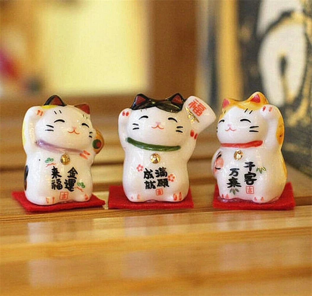 Set of 3 Japanese Ceramics Maneki Figurines (2.1cm x 2.4cm x 3.3cm)