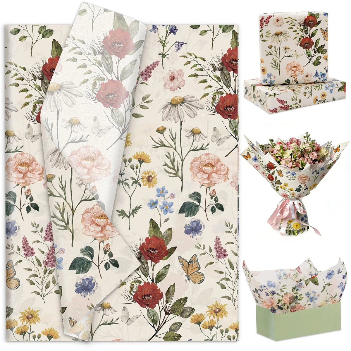 Floral Tissue Paper for Gift Wrapping (100 Sheets) Vintage Wildflower