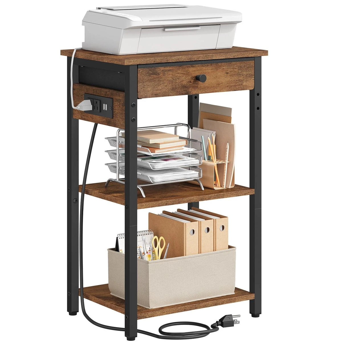 3-Tier Printer Stand with Charging Station for Under Desk Use