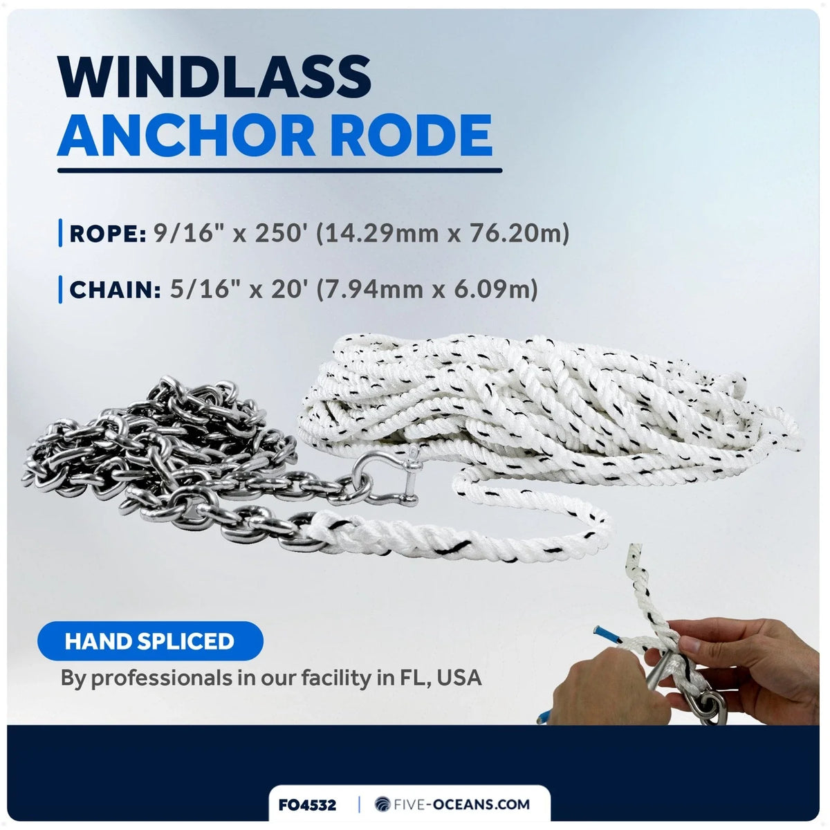 Windlass Anchor Rode 9/16"x250' Rope & 5/16"x20' G4 Chain for Boats