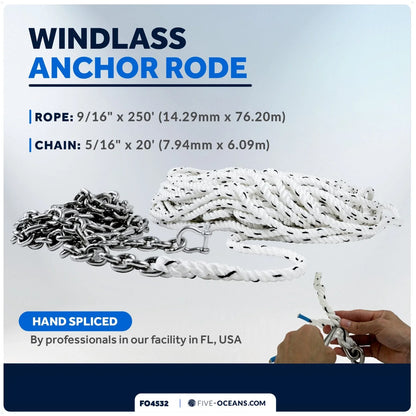 Windlass Anchor Rode 9/16"x250' Rope & 5/16"x20' G4 Chain for Boats