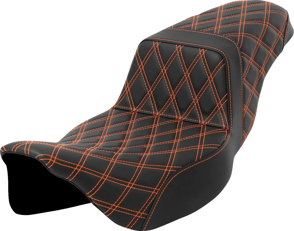 SADDLEMEN Step-Up Seat for Harley Davidson (2014–2023) - Lattice Stitch, Orange Stitch, Extended Reach