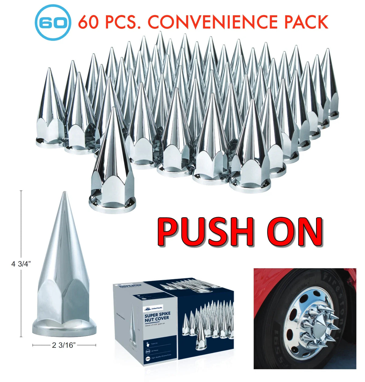 Chrome Spike Lug Nut Covers 33mm Push On Front for Jeep Wrangler (2007–2024)