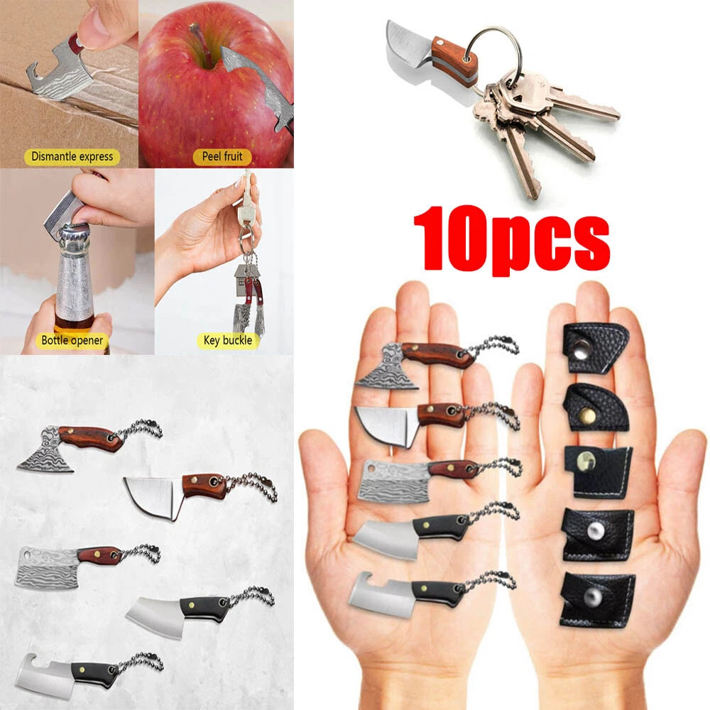 10Pcs Mini Damascus Butcher Pocket Knife Cleaver EDC Keychain